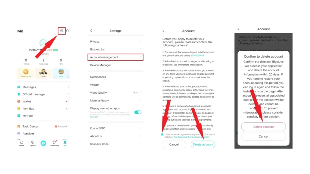 delete account via app settings