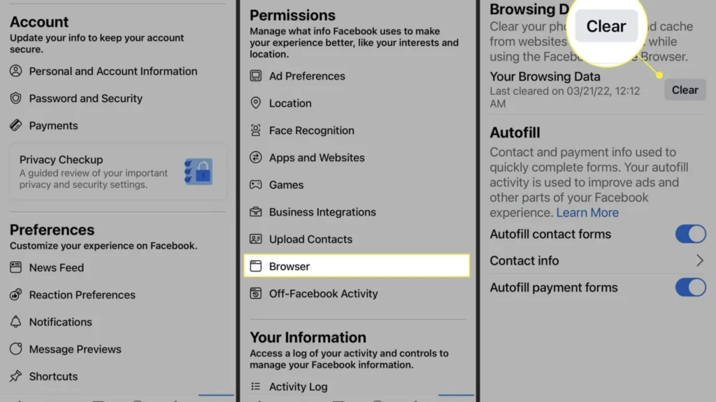 clear cache data on Facebook