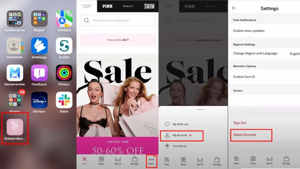 Delete Victoria's Secret account using the mobile app